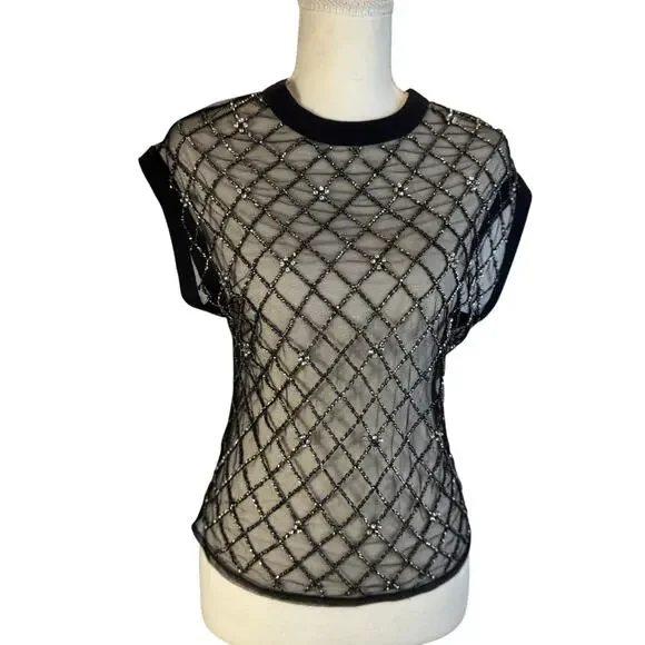 Free People Disco Nights Mesh Beaded Top Black Sheer Rhinestone Festival Unisex - Picture 2 of 16